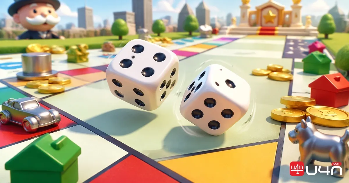 Cartoon dice rolling across a colorful board game path with tokens nearby