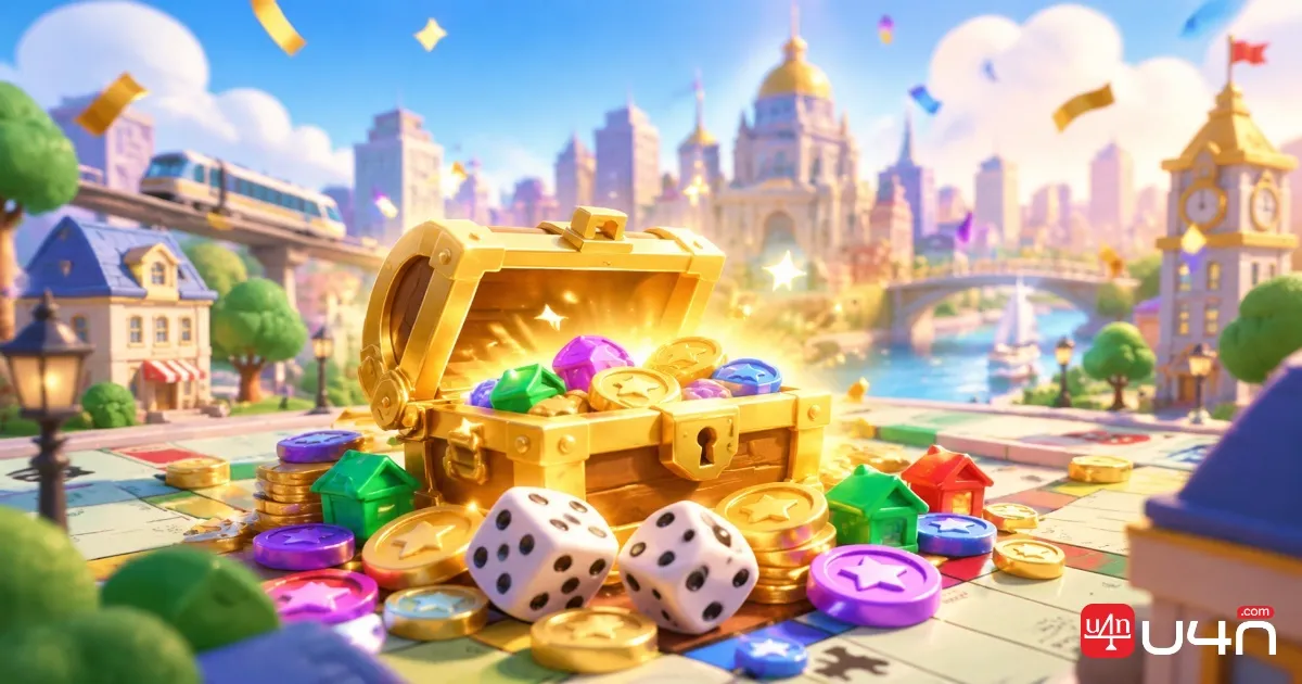Colorful 3D board game scene featuring a golden treasure chest, dice, tokens, and a miniature city