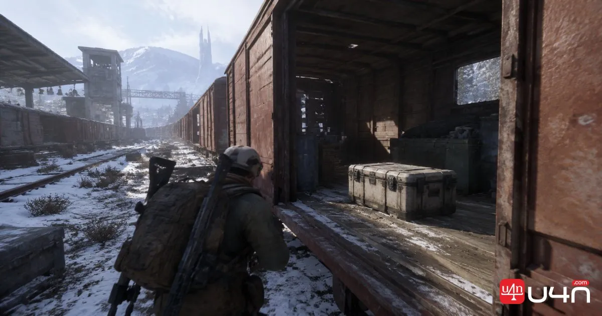 Gracz zbliża się do schronienia podczas śnieżycy w ARC Raiders
