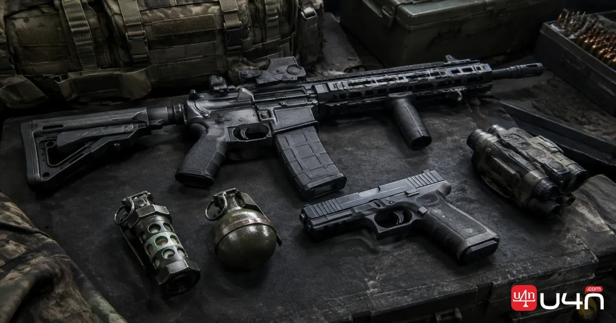 Modern military multiplayer loadout featuring an assault rifle, sidearm, tactical grenade, and field equipment