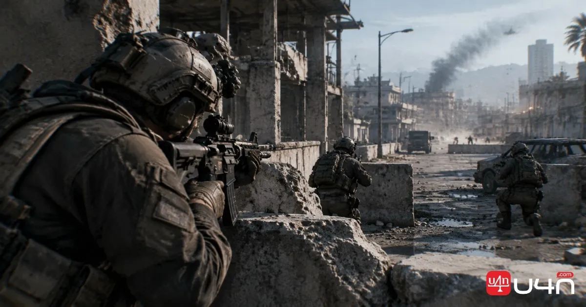 Modern military FPS soldier using concrete cover while aiming an assault rifle across an urban combat area