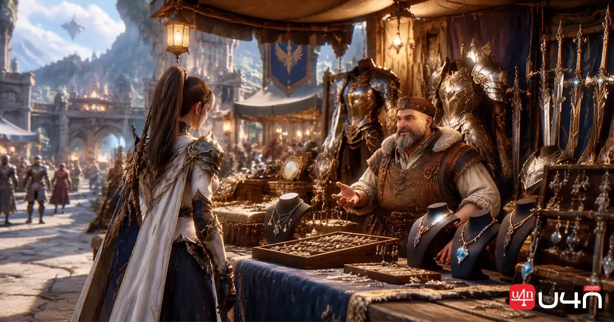 Fantasy MMORPG merchant stall displaying equipment and accessories in a town