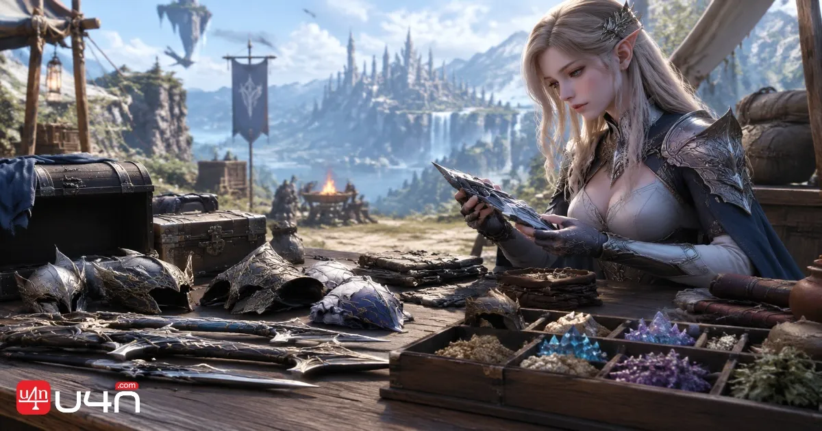 Fantasy MMORPG adventurer organizing collected equipment and materials at a camp