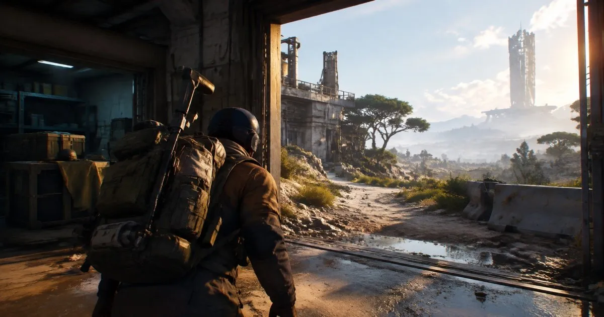 ARC Raiders player leaving an industrial building and preparing to extract