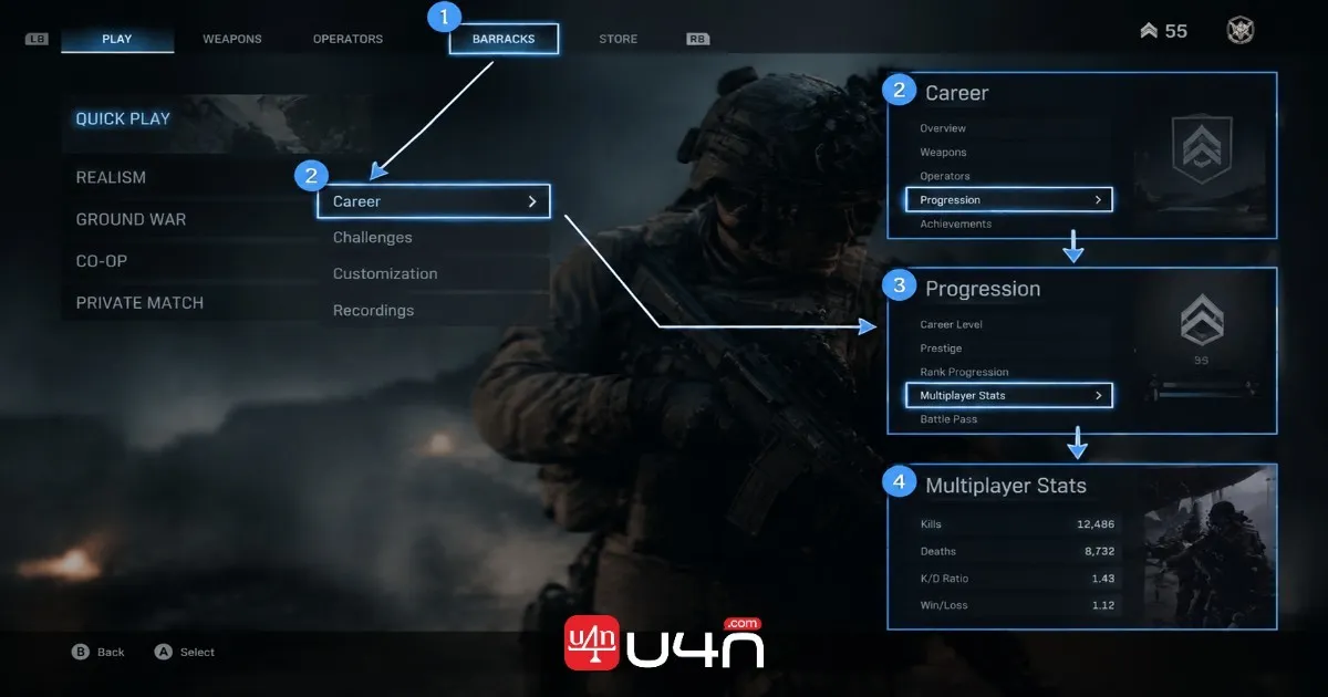 Modern Warfare 4 Career menu showing Multiplayer Stats and account progression