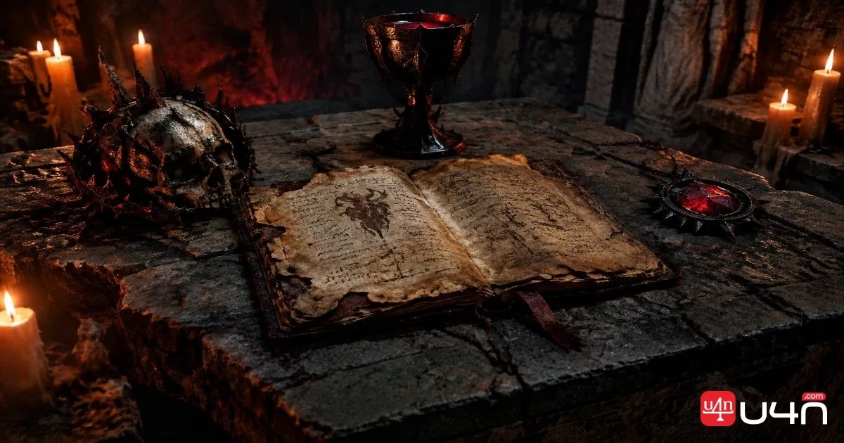 An ancient journal and three mysterious ritual objects on a stone altar
