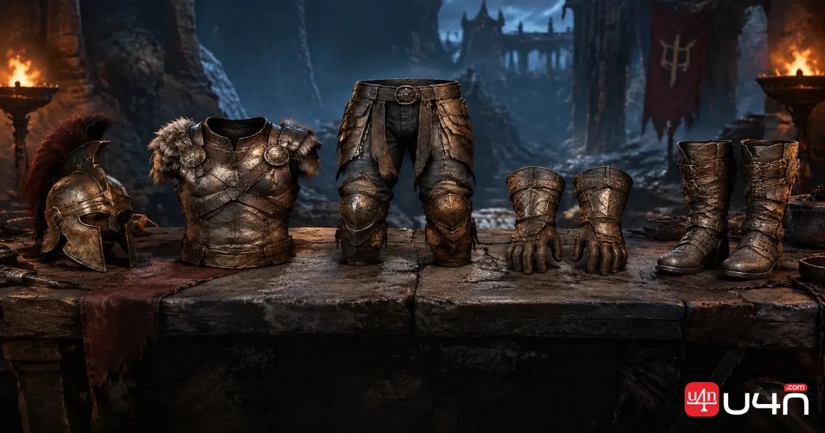 Five pieces of ancient Amazon training armor displayed on a rugged stone workbench