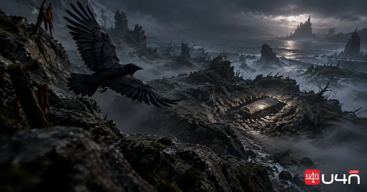 A black crow flying through a foggy rocky landscape toward an ancient hidden coffin