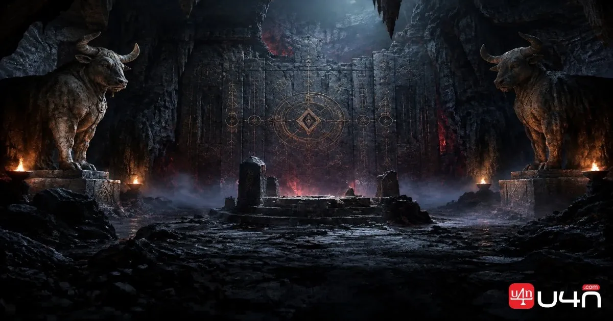A hidden island chamber with weathered cow statues and mysterious symbols carved into stone