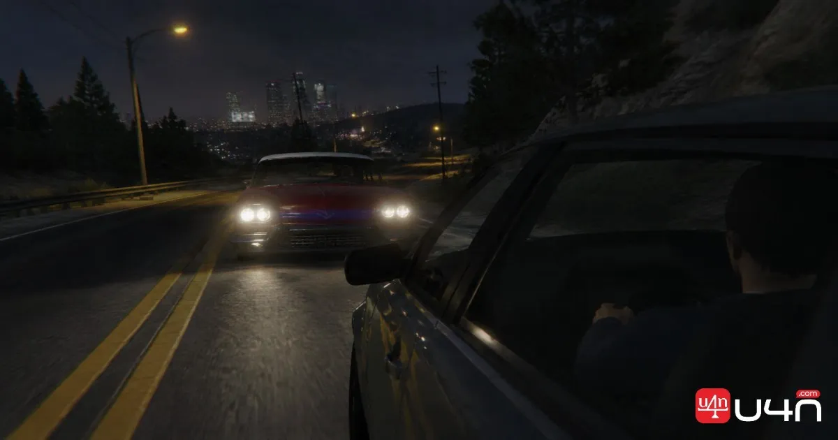 Red Declasse Tornado Custom Phantom Car with a white roof on a dark road in GTA Online