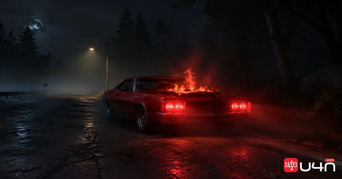 Red Declasse Tornado Custom Phantom Car with a white roof on a dark road in GTA Online