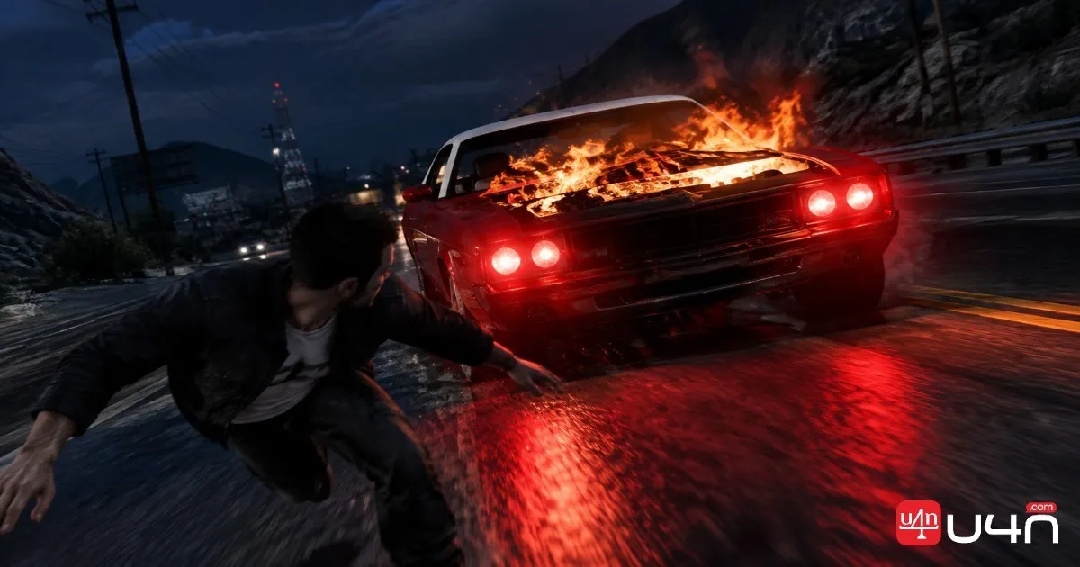 The GTA Online Phantom Car with glowing red headlights and flames around its hood at night
