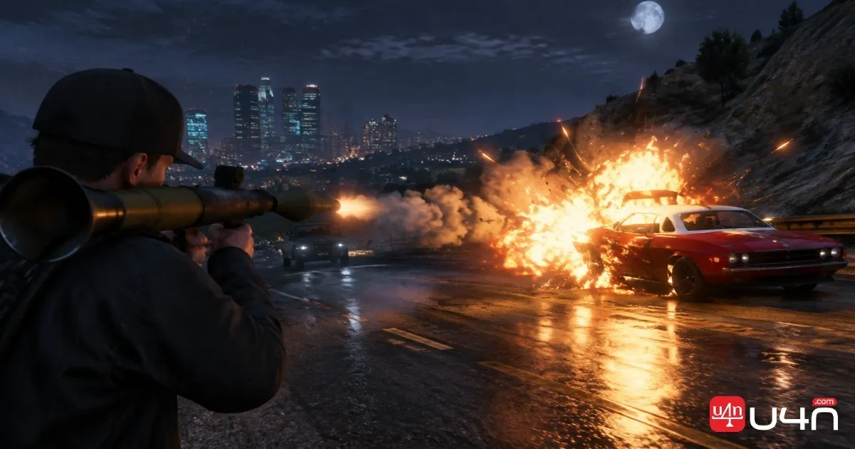 A GTA Online player using an RPG against the red Phantom Car on a dark road