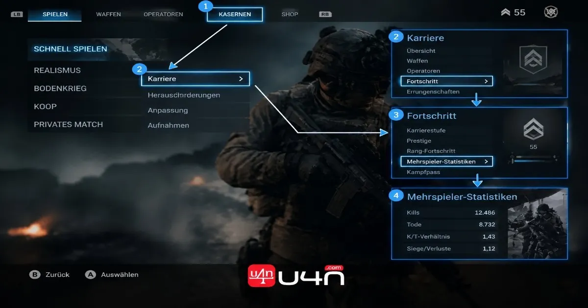 Modern Warfare 4 Career menu showing Multiplayer Stats and account progression