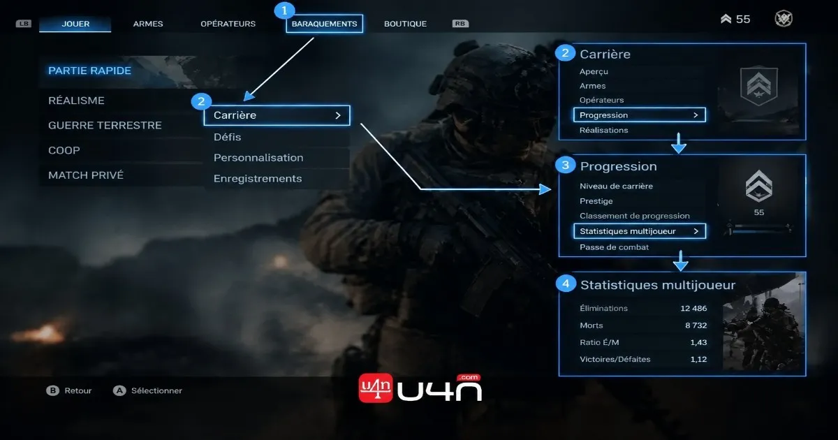 Modern Warfare 4 Career menu showing Multiplayer Stats and account progression