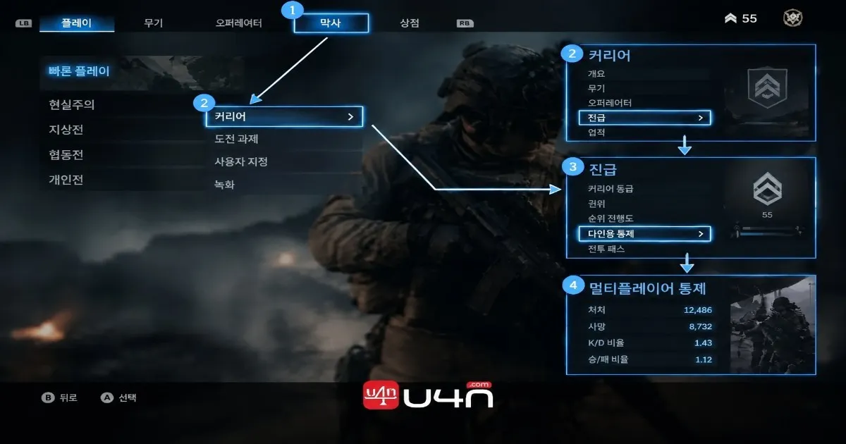 Modern Warfare 4 Career menu showing Multiplayer Stats and account progression