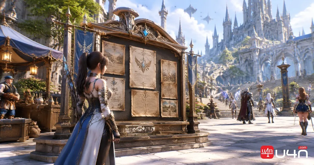 Aion 2 adventurer checking quests and daily rewards in a fantasy city