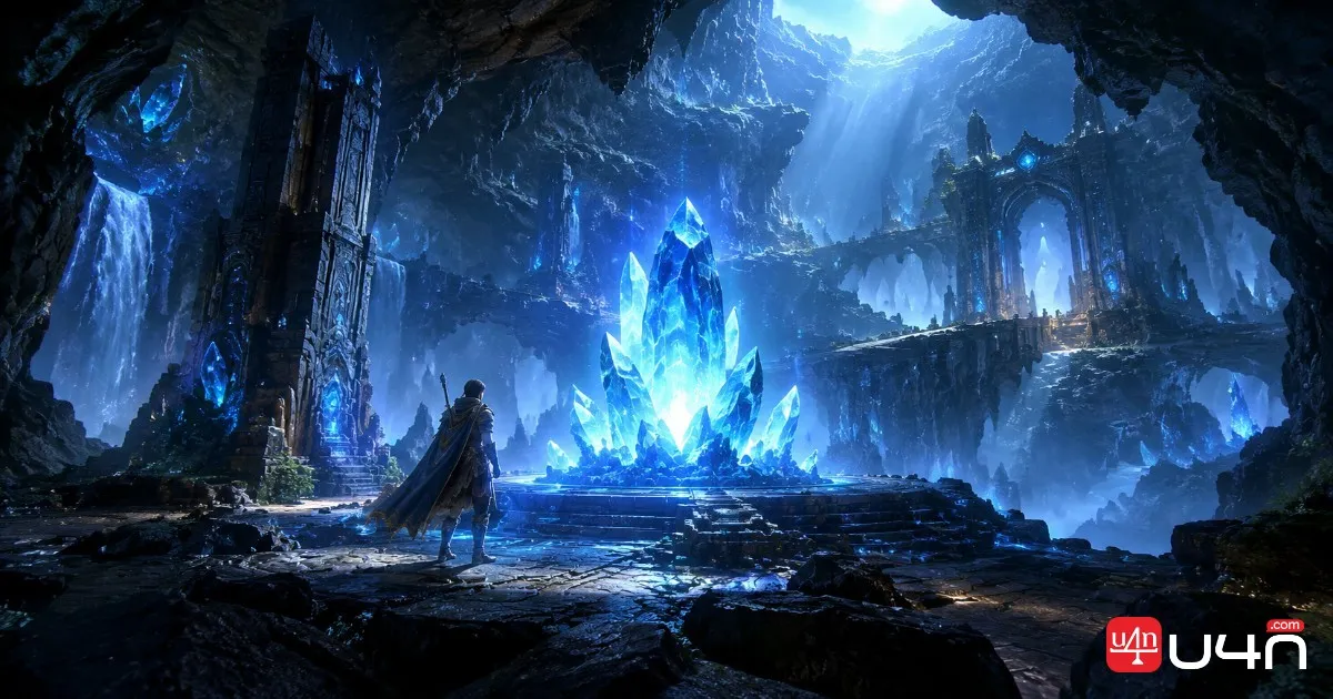 Aion 2 adventurer exploring a glowing cavern filled with blue energy crystals