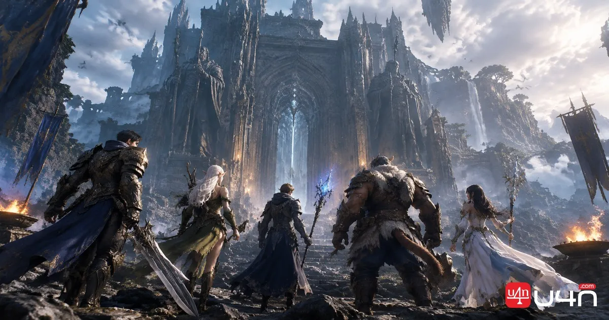 Aion 2 party preparing for a weekly dungeon run outside an ancient fortress