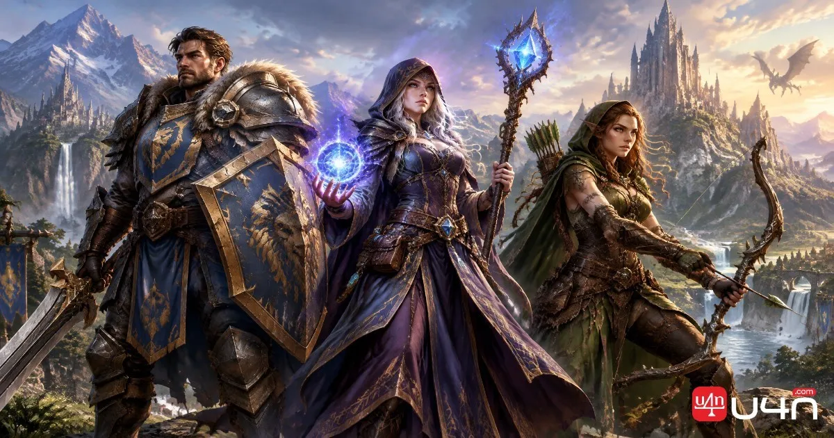 Three fantasy MMORPG adventurers representing the shared character reservation slots