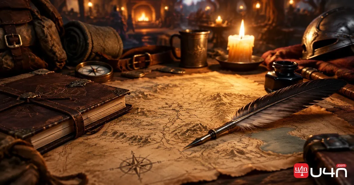 Fantasy character creation preparation with a parchment map, quill, and adventurer equipment