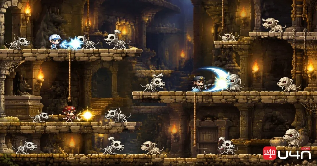 Skeleton Dogs and Mummy Dogs in a MapleStory Classic World training area