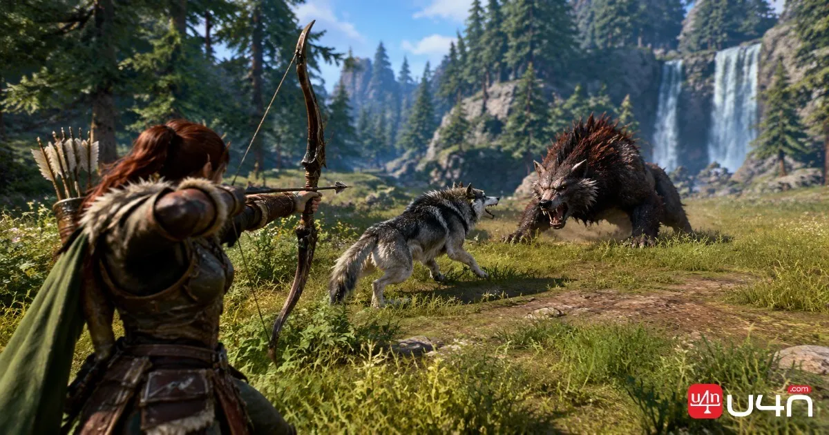 A Hunter using a bow while a wolf pet engages an enemy in a forest