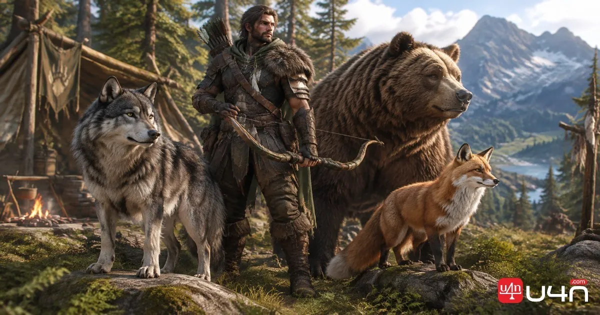 A Hunter standing with different animal companions in a woodland setting