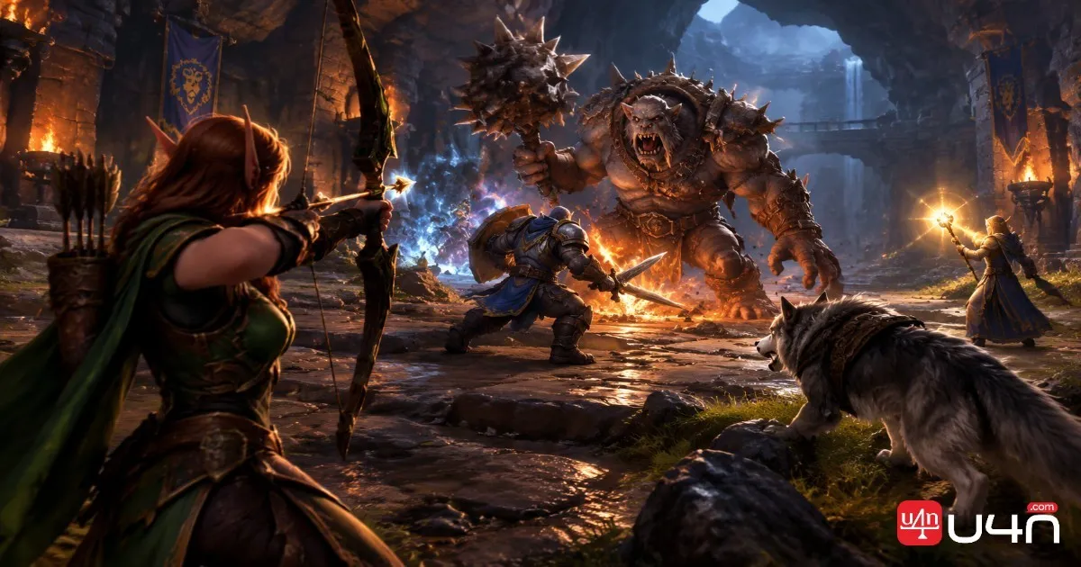 A Hunter attacking from range while a party fights a dungeon enemy