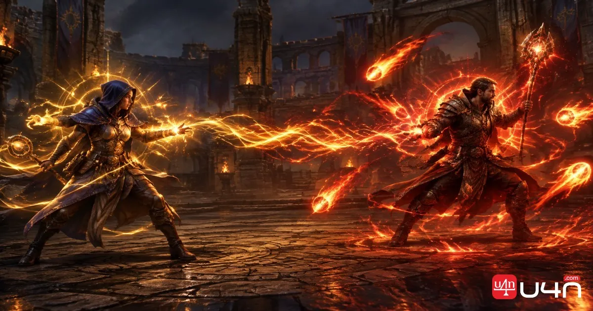 Luminary support character connected to a mercenary by glowing fire magic in a dark fantasy battlefield