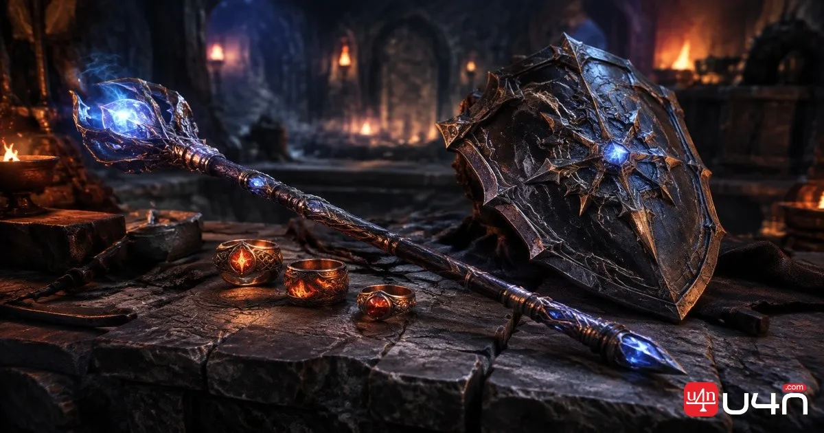 Dark fantasy role-playing game equipment display featuring a wand, shield, and rings on a stone workbench