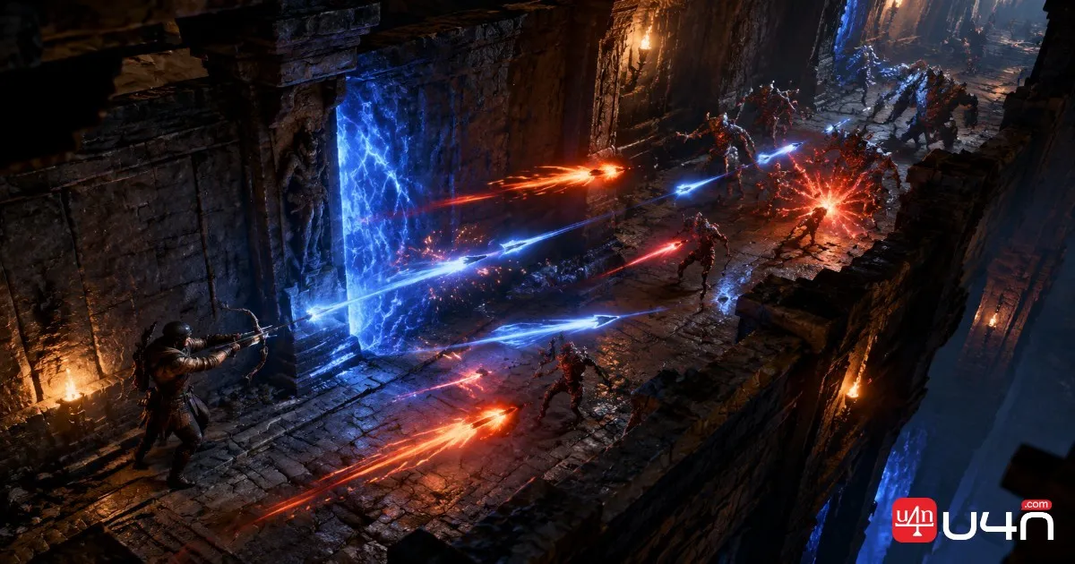 Kineticist mercenary using projectile attacks near a magical wall in dark fantasy ruins