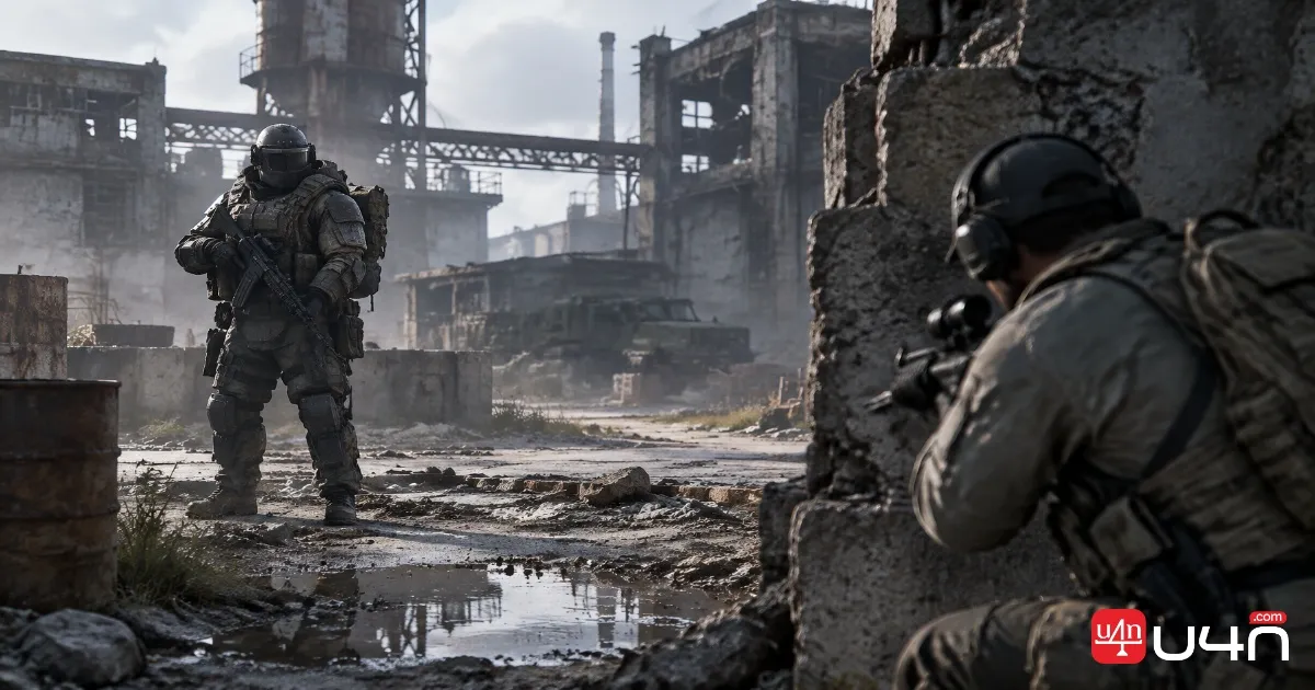 A heavily armoured WARDOGS soldier facing a beginner with lighter equipment in a ruined industrial area