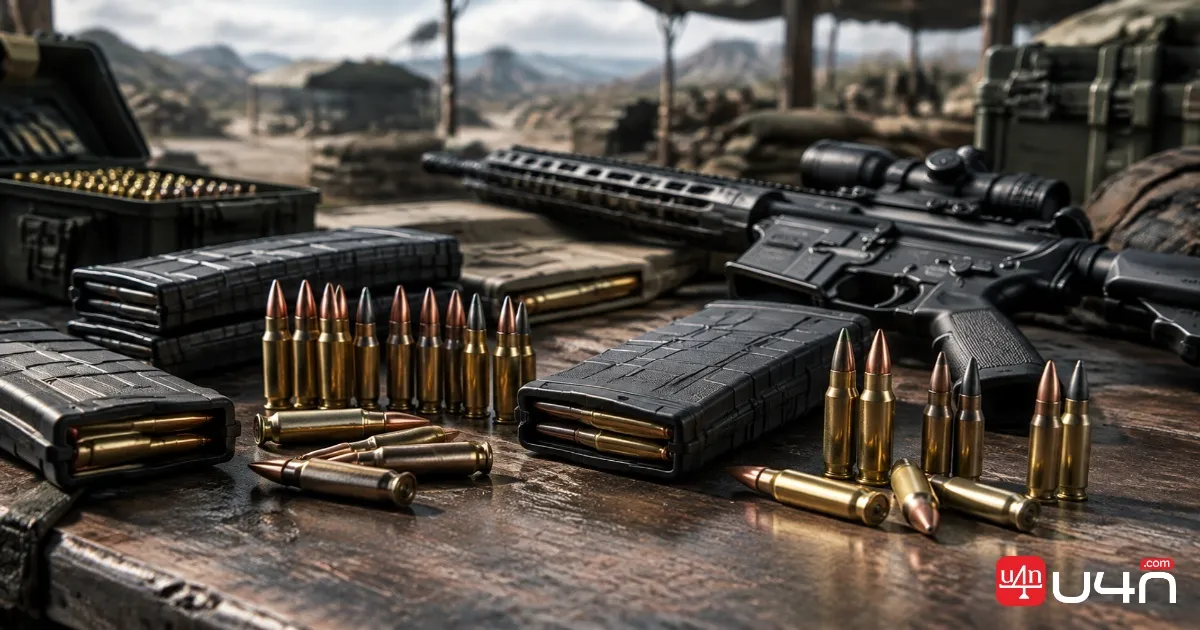 Rifle ammunition, magazines, and a tactical weapon arranged on a workbench in a military shooter setting