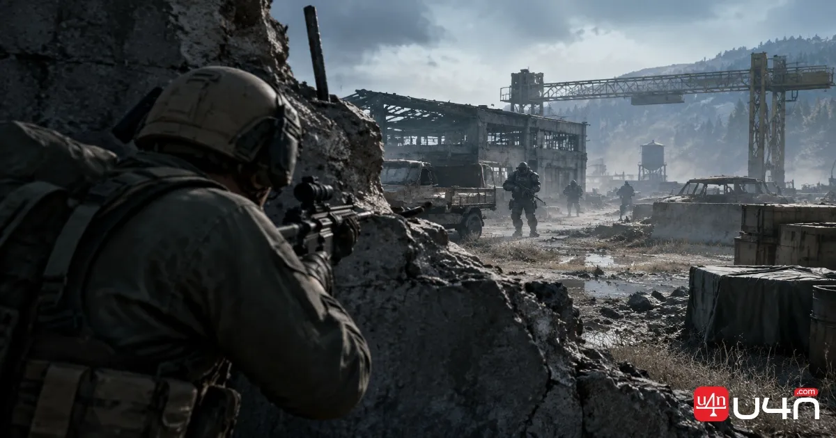 A WARDOGS-style tactical shooter scene showing a lightly equipped soldier using concrete cover while watching an armoured enemy across a ruined industrial yard