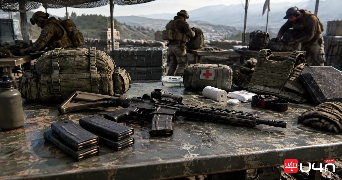 A practical beginner loadout with a basic rifle, spare magazines, a backpack, medical supplies, and light tactical equipment on a workbench