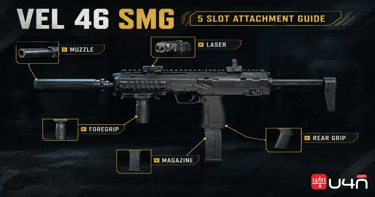 VEL 46 SMG attachment setup showing the muzzle, laser, underbarrel, magazine, and rear grip