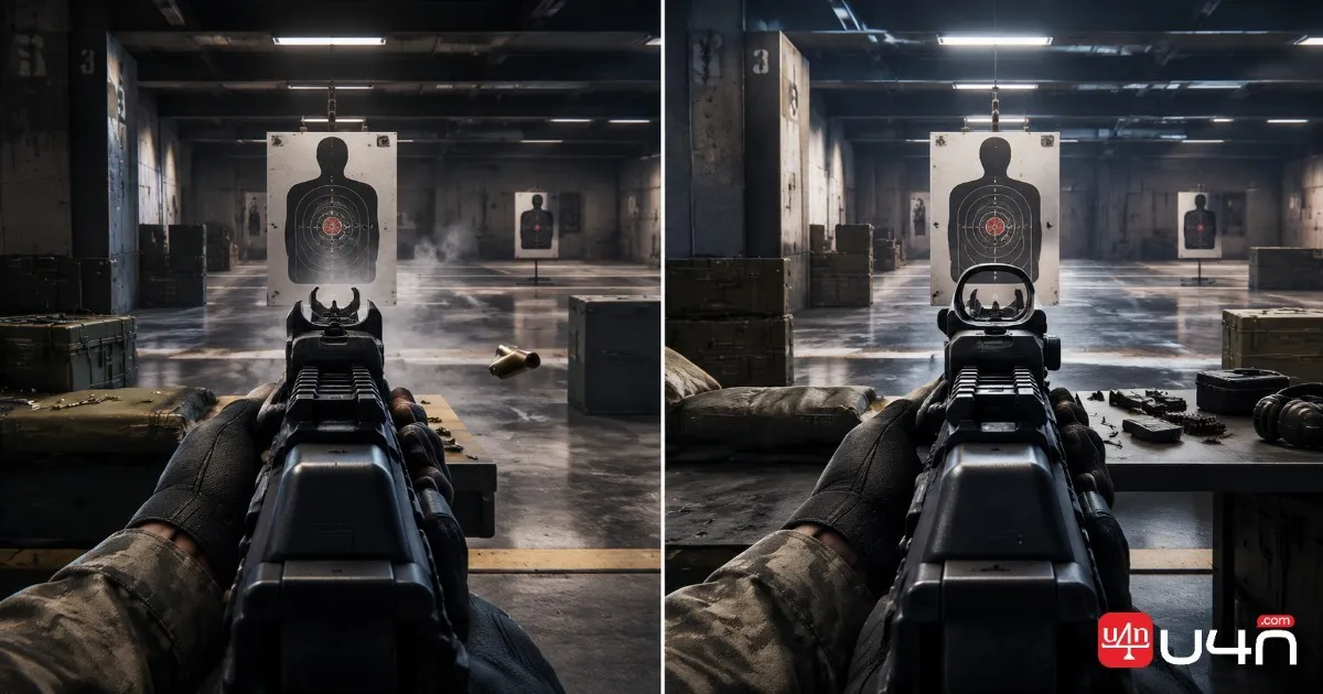 First-person shooter training range showing a submachine gun recoil control test