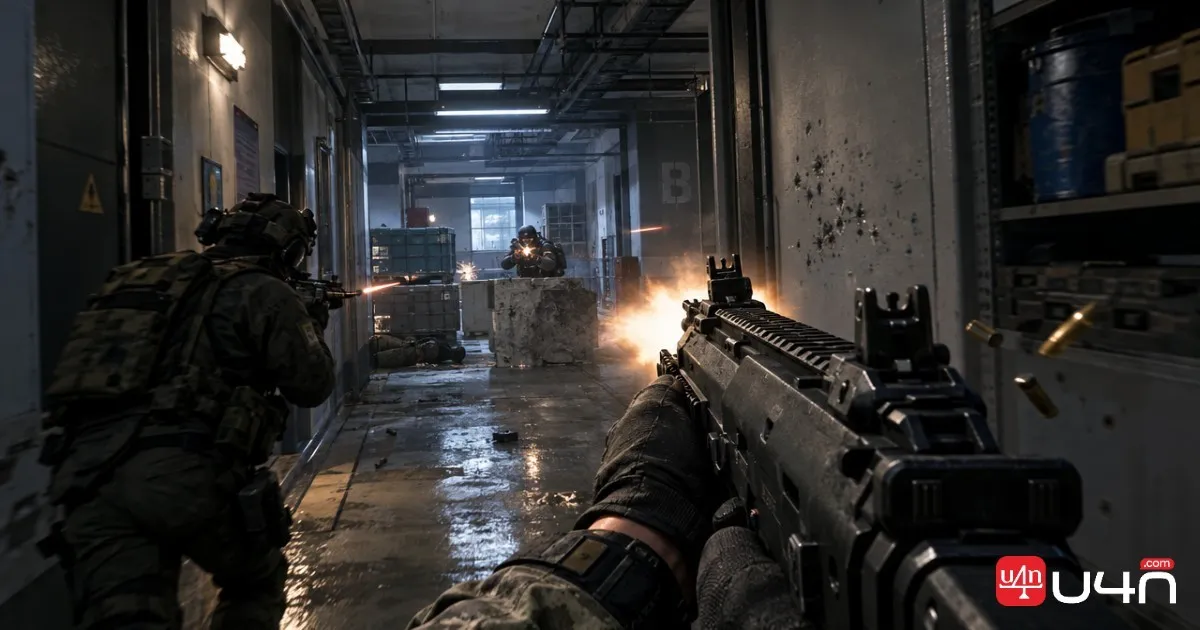 Close-quarters multiplayer combat environment suited to an aggressive SMG loadout