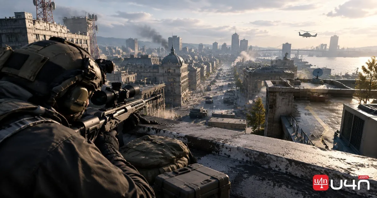 A sniper using cover and sightlines to control an urban multiplayer map