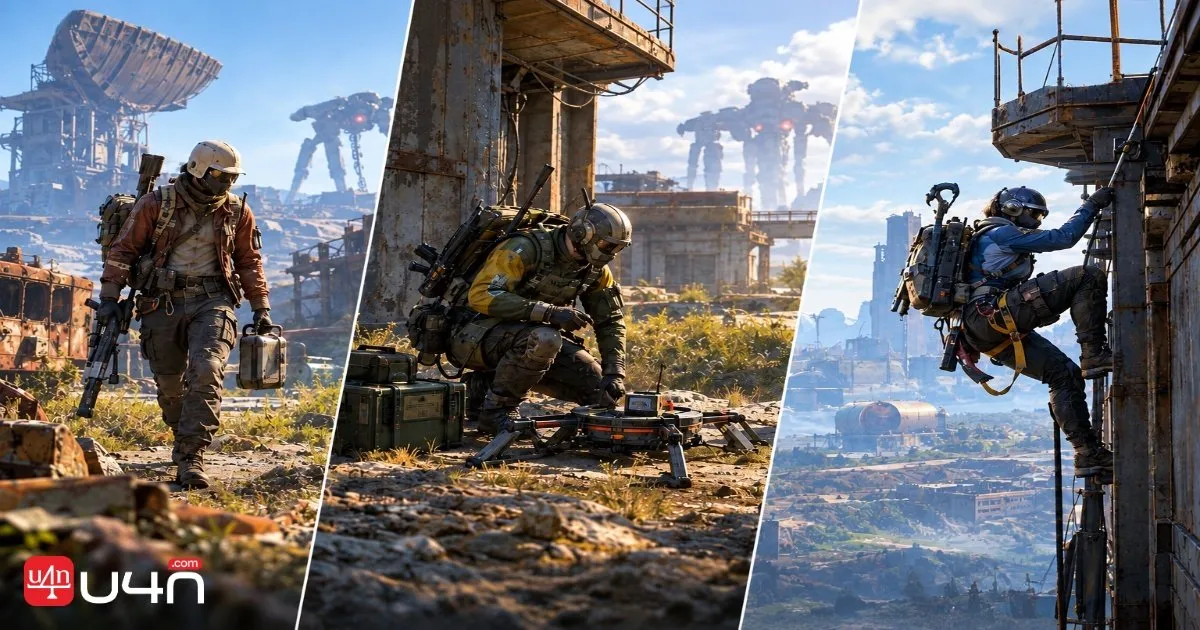 Three ARC Raiders farming loadout approaches showing basic resource collection, tactical defense, and advanced mobility