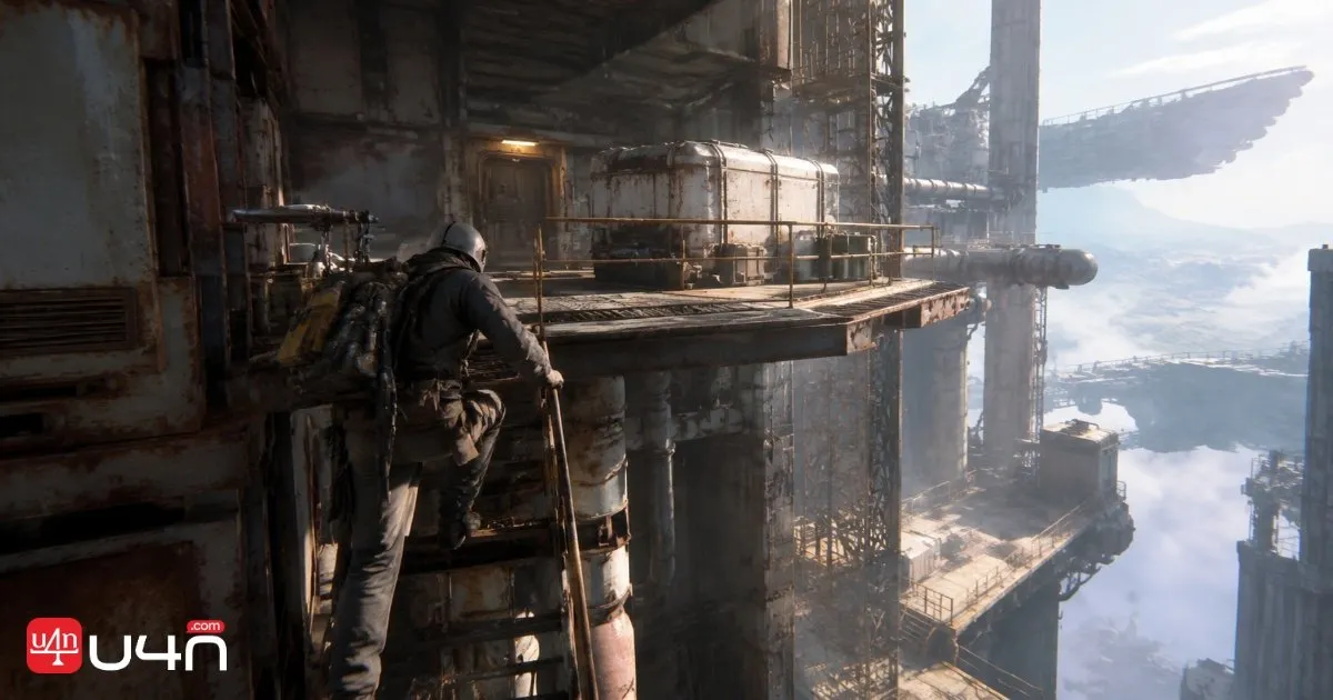 A Raider traversing elevated industrial platforms while searching for loot in ARC Raiders