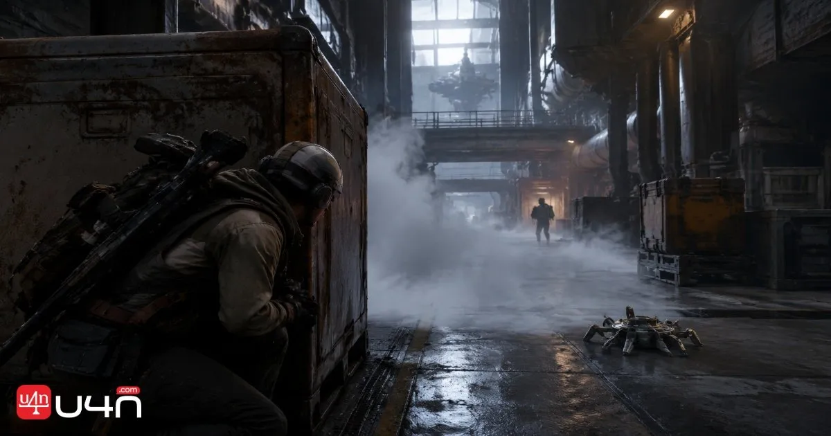 A Raider using industrial cover and tactical equipment to avoid a confrontation while looting