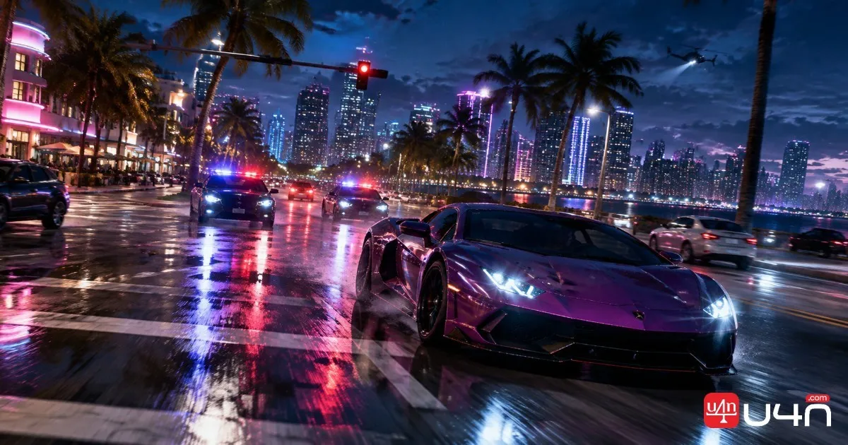 Open-world city traffic with cars navigating an intersection and pedestrians crossing the street
