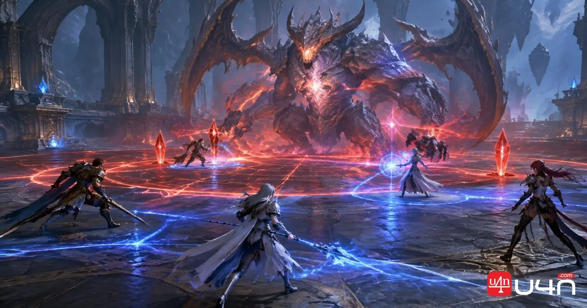 Aion 2 dungeon party watching boss attack indicators and coordinating their positions