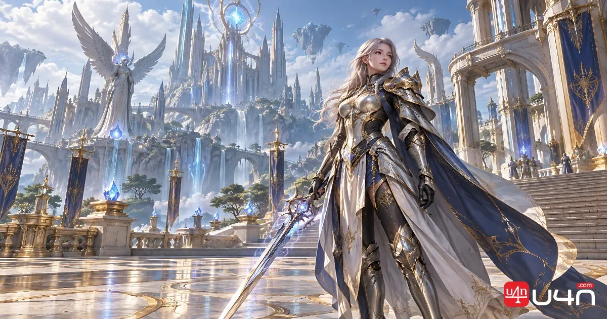 Aion 2 adventurer wearing upgraded equipment in a fantasy city hub