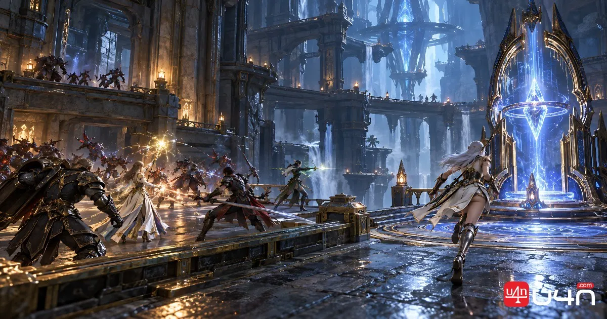 Aion 2 dungeon party coordinating a route through the Deus Research Base