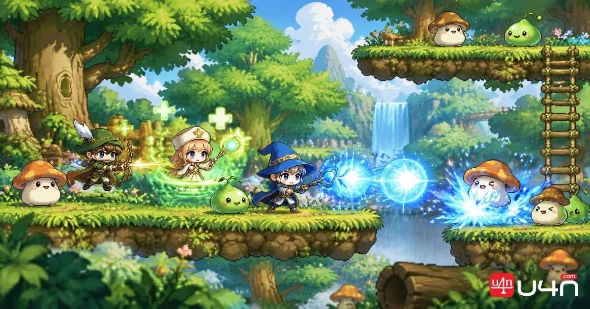 MapleStory Classic World adventurers training together with a Magician attacking from the back line
