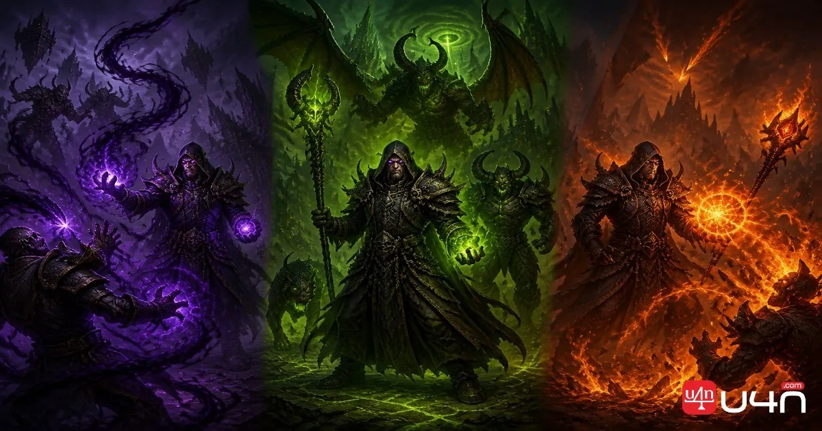 WoW Forever Warlock Guide featuring a Warlock wielding shadow magic alongside a demon pet
