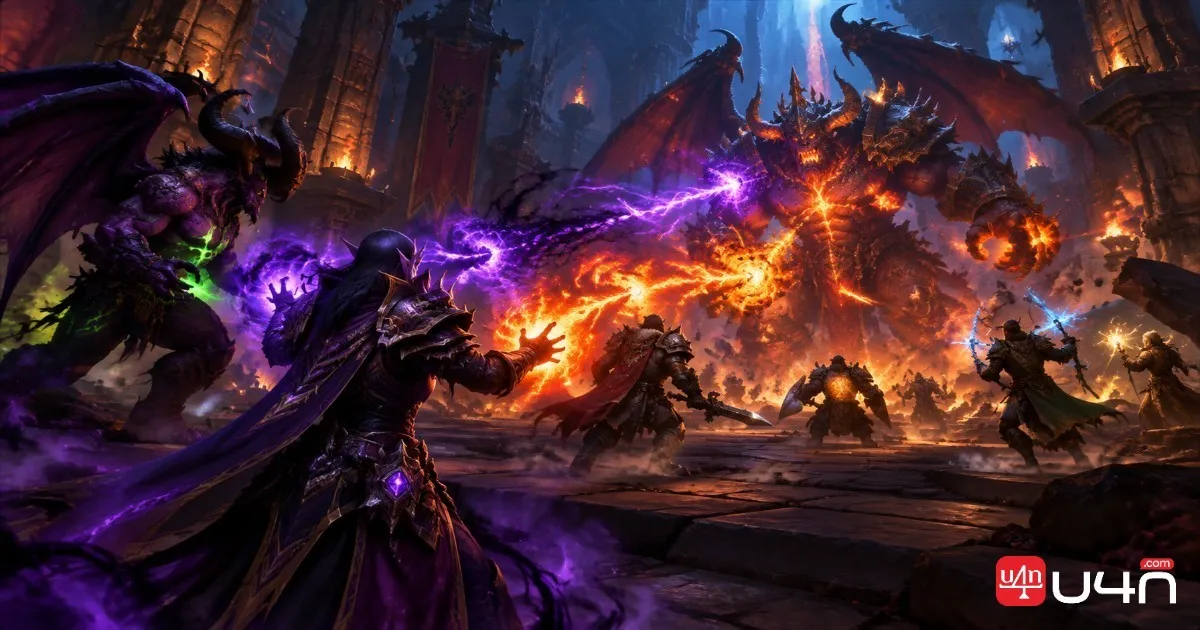Warlock leveling in a fantasy wilderness with a demon pet tanking enemies while the caster attacks from range